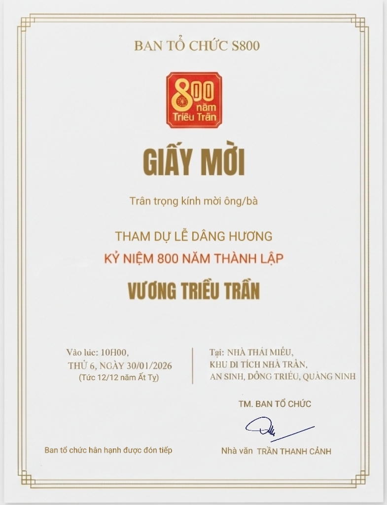 THÔNG BÁO CỦA BAN TỔ CHỨC LỄ DÂNG HƯƠNG KỶ NIỆM 800 NĂM VƯƠNG TRIỀU TRẦN LÊN NGÔI